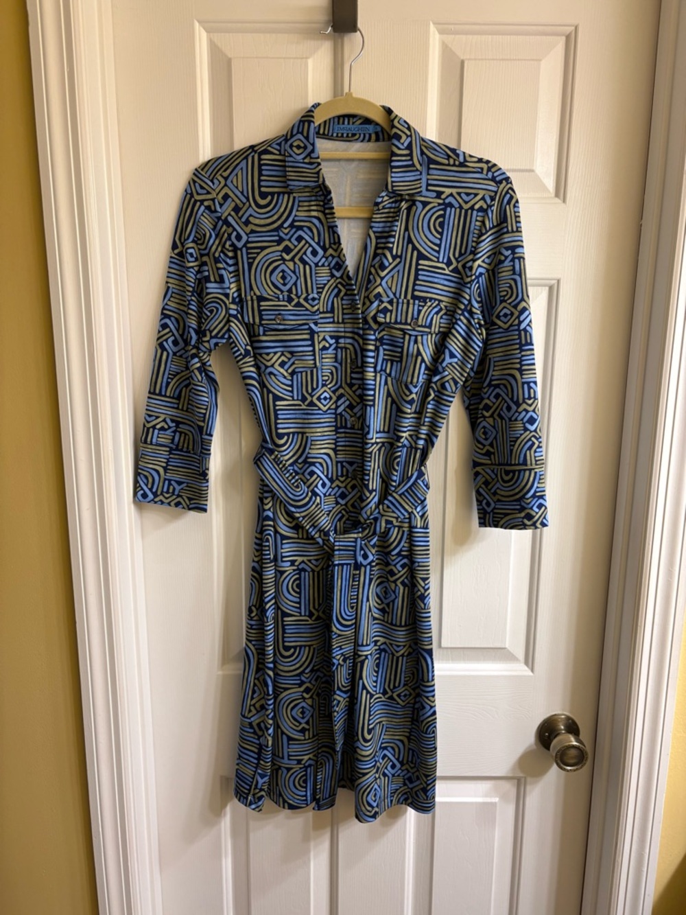J McLaughlin Blue Collared Geometric Shirt Dress with self tie belt size small